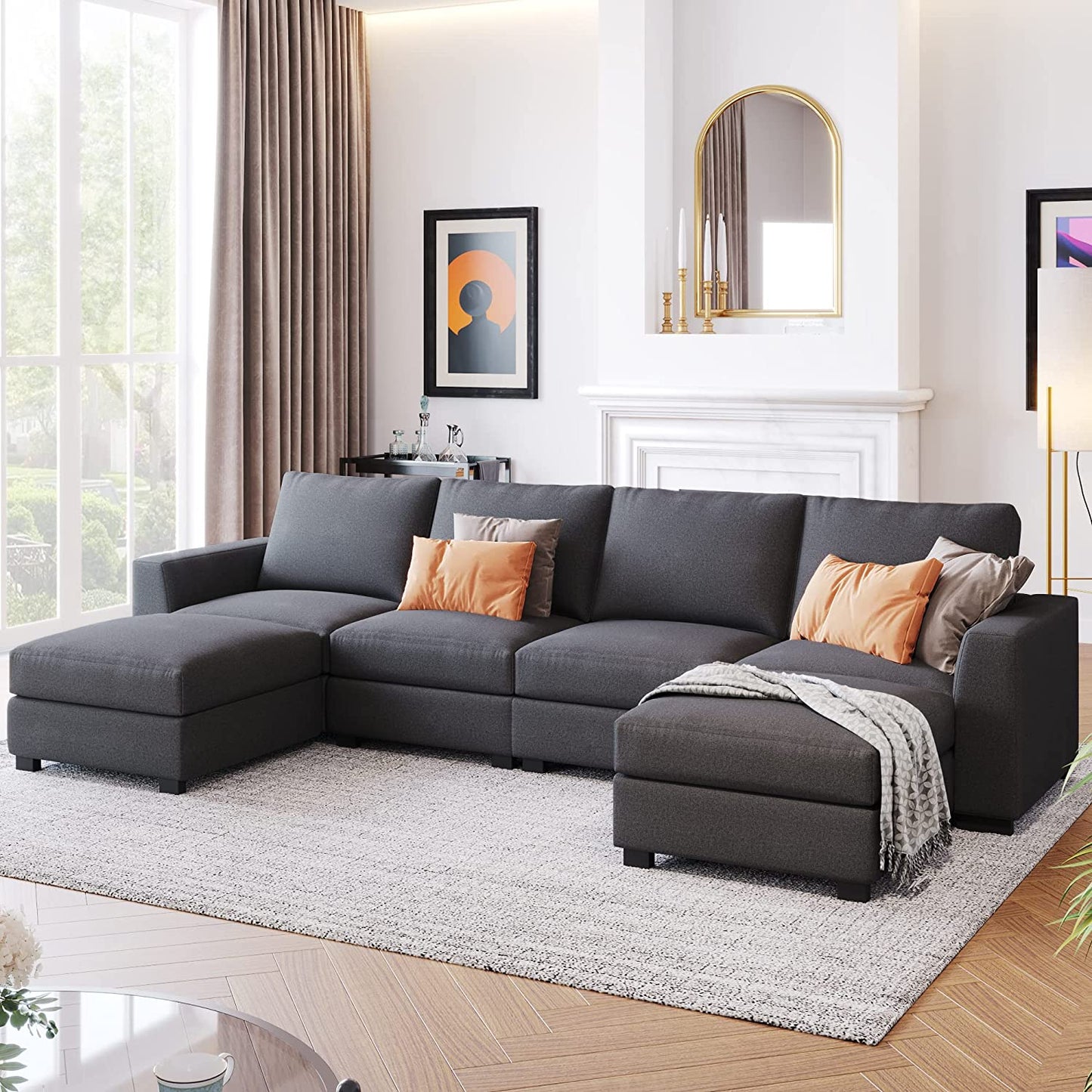 131" Modern Large U-Shaped Sectional Sofa with 2 Removable Ottomans, Thickened Cushion Back, Wide Square Arms, and 4 Seats for Living Room (Gray) - LynkHouse