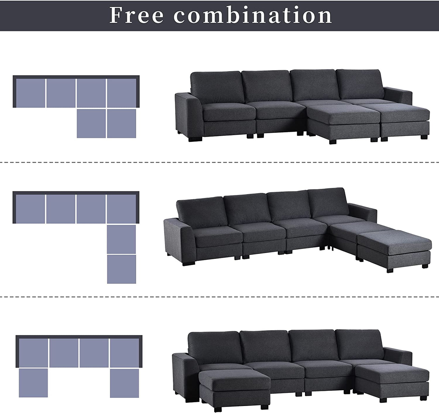 131" Modern Large U-Shaped Sectional Sofa with 2 Removable Ottomans, Thickened Cushion Back, Wide Square Arms, and 4 Seats for Living Room (Gray) - LynkHouse